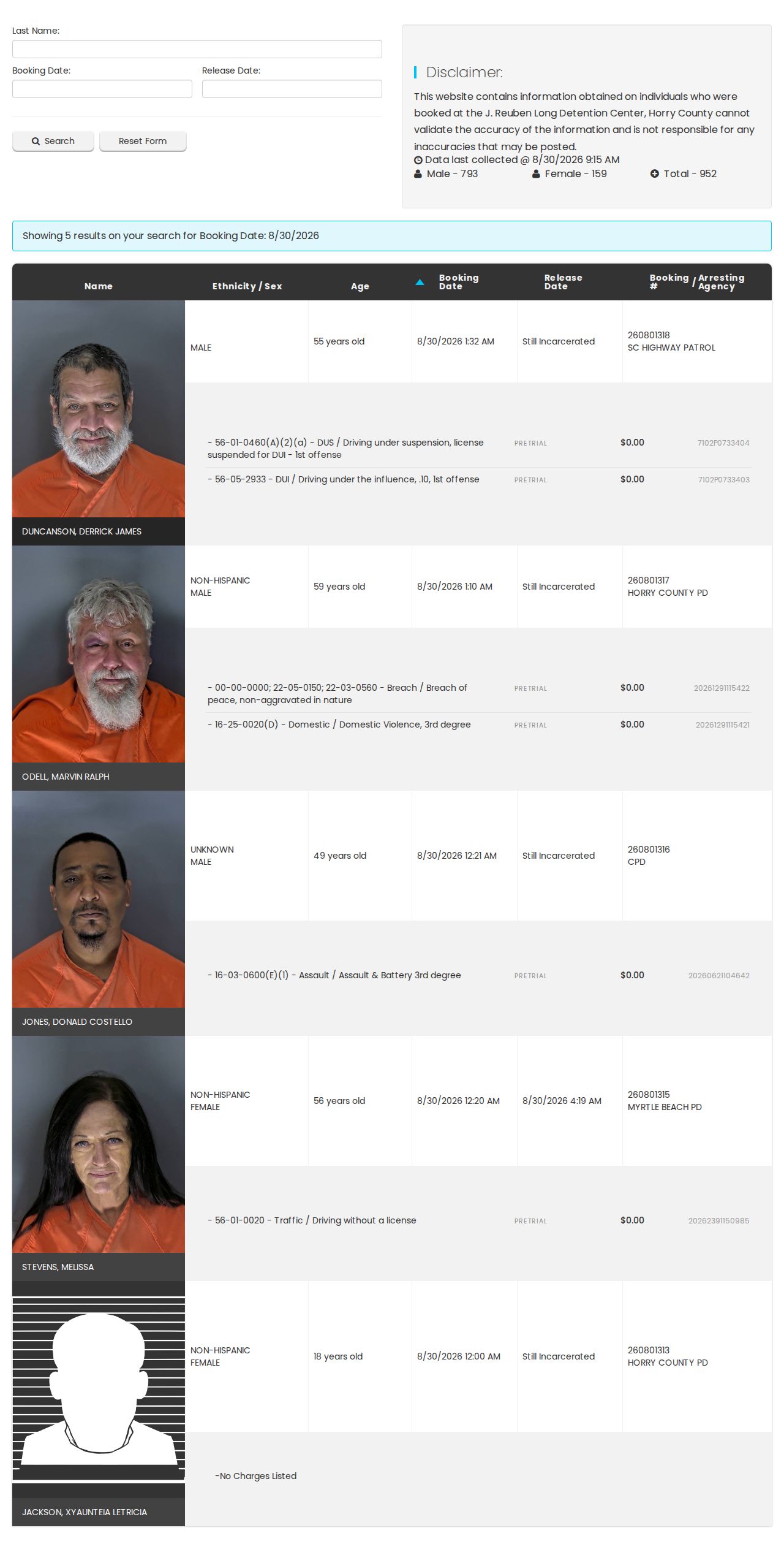 Horry County JRL booking roster and same-day booking search form